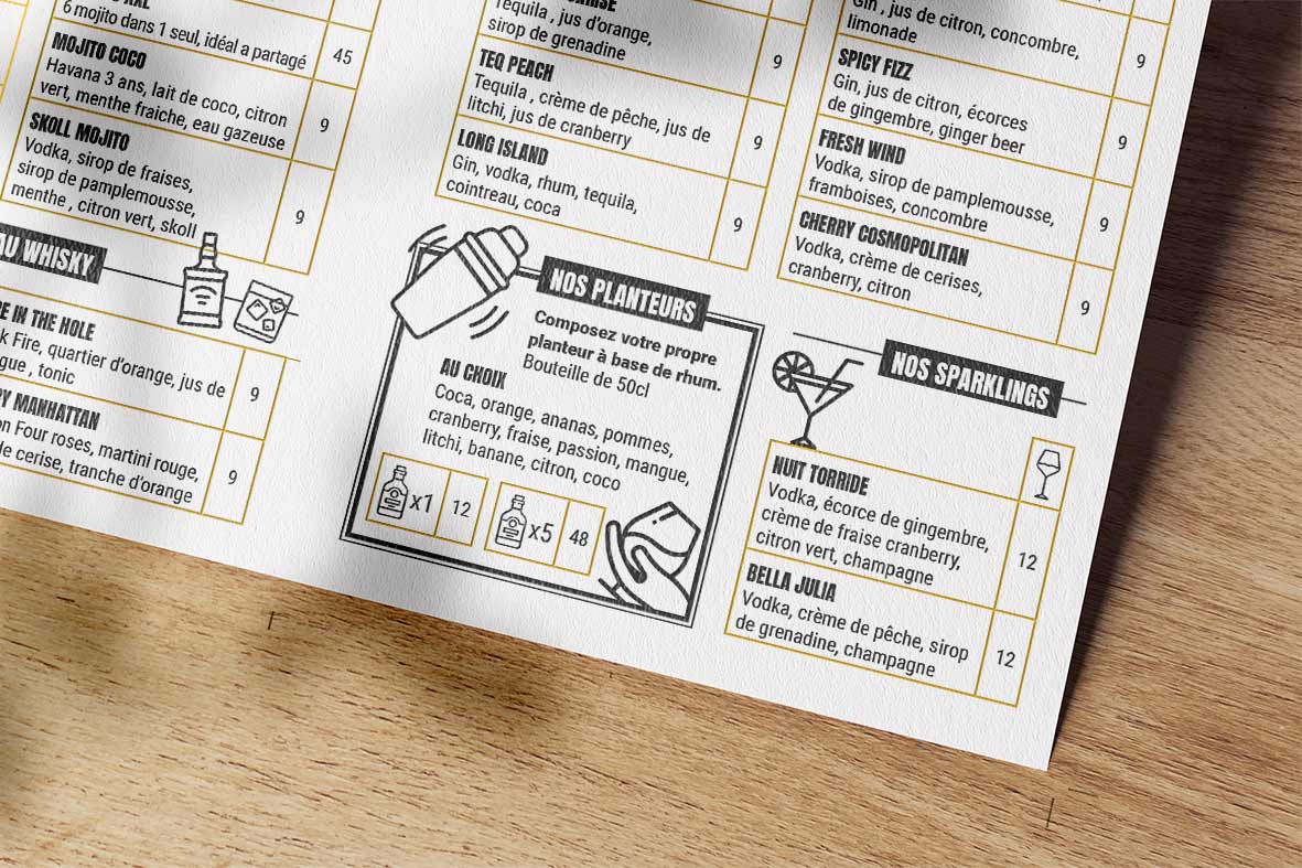 Découvrez un extrait de la carte du Cosmo Bar alliant lisibilité, hiérarchisation des informations et intégration de pictogrammes illustratifs pour une expérience client fluide et engageante. La composition soigneusement structurée met en avant les catégories de boissons, tout en valorisant l'identité du lieu grâce à une charte graphique cohérente. Les pictogrammes ajoutent une touche ludique et reconnaissable, facilitant la lecture et le choix des cocktails. dans le prolongement de l'identité visuelle du Cosmo Bar, où la musique et la convivialité sont au cœur de l’expérience.